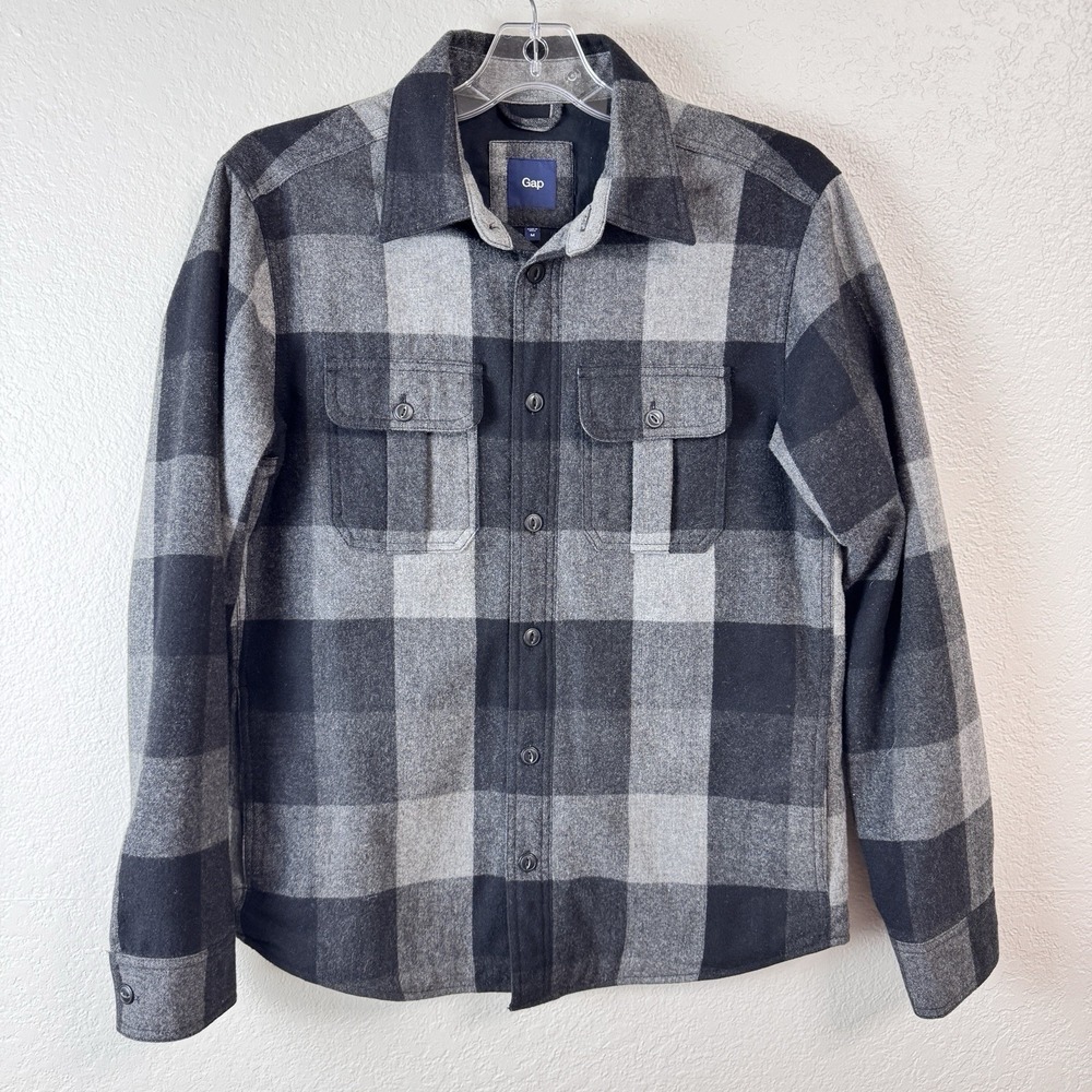 Gap Wool Shirt Medium Black Plaid Lined Overshirt Heavy Shacket Pockets